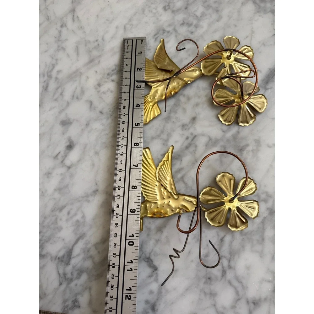 Vintage Brass Hummingbird Flower Wall Art Set Mid Century Gold Metal Decor 2pc